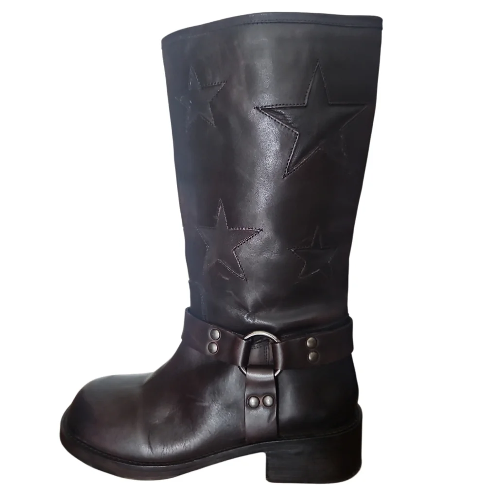 NEW! VINTAGE FOUNDRY CO Brown Leather Mathilde Star Heeled Moto Boots 7.5. - Picture 3 of 9